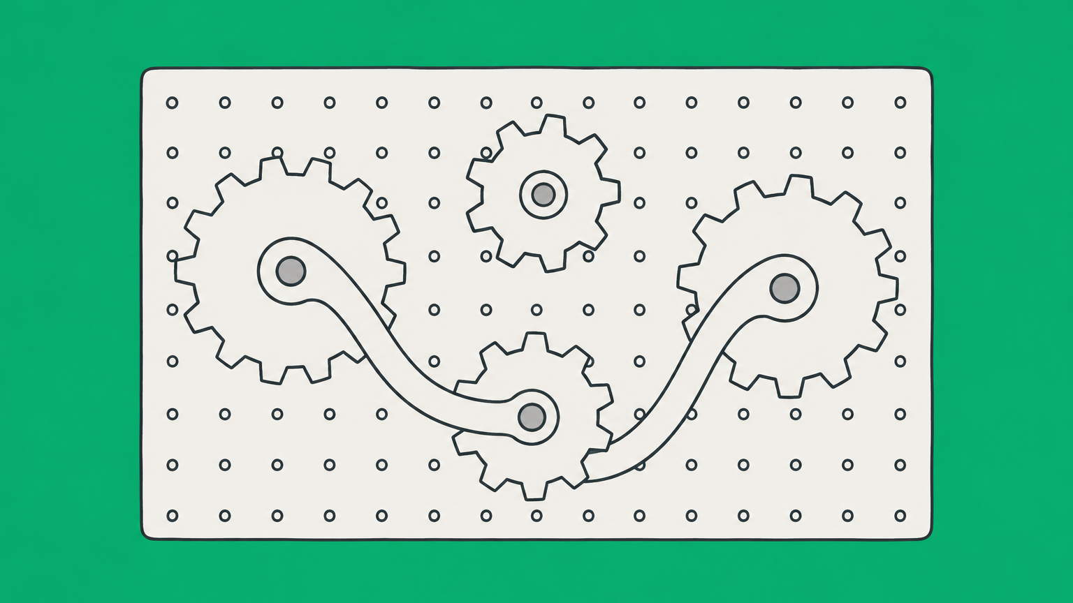 Flat illustration of familiar gears joined by an unexpected linkage representing non-obviousness in patent law.