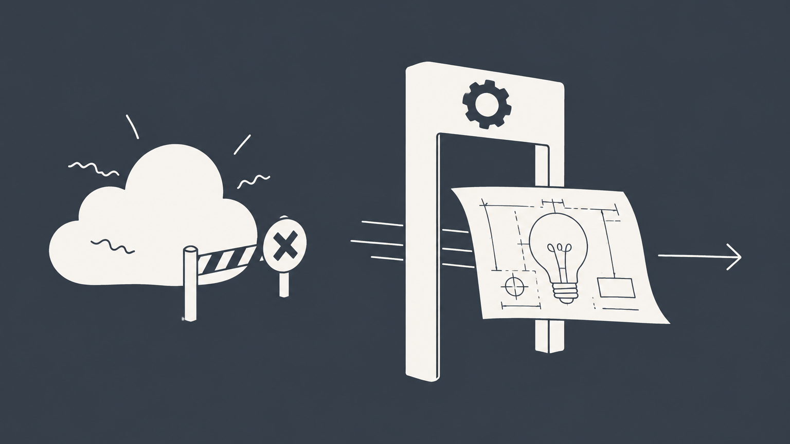 Flat illustration of an invention blueprint passing through a screening gate to represent patent eligibility.