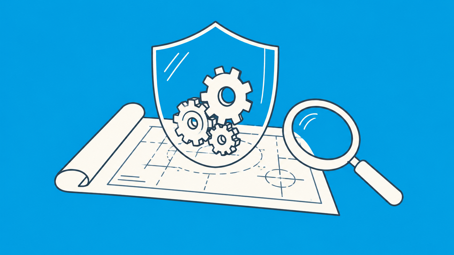 Flat illustration of a gear assembly and blueprint under a protective shield representing patent law.