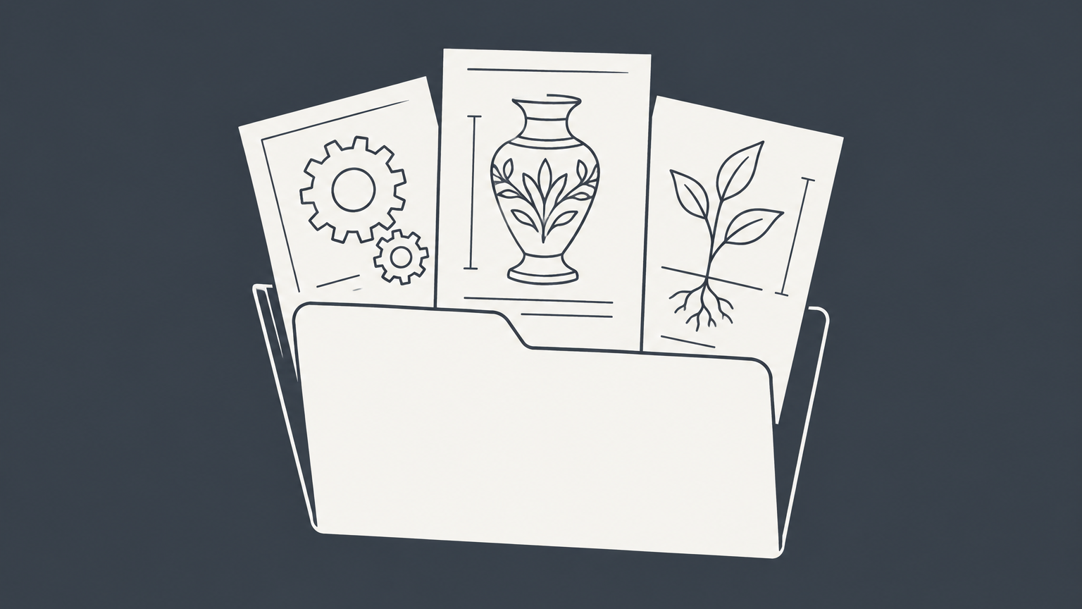Flat illustration of an open folder with utility, design, and plant invention sheets representing patent examples.