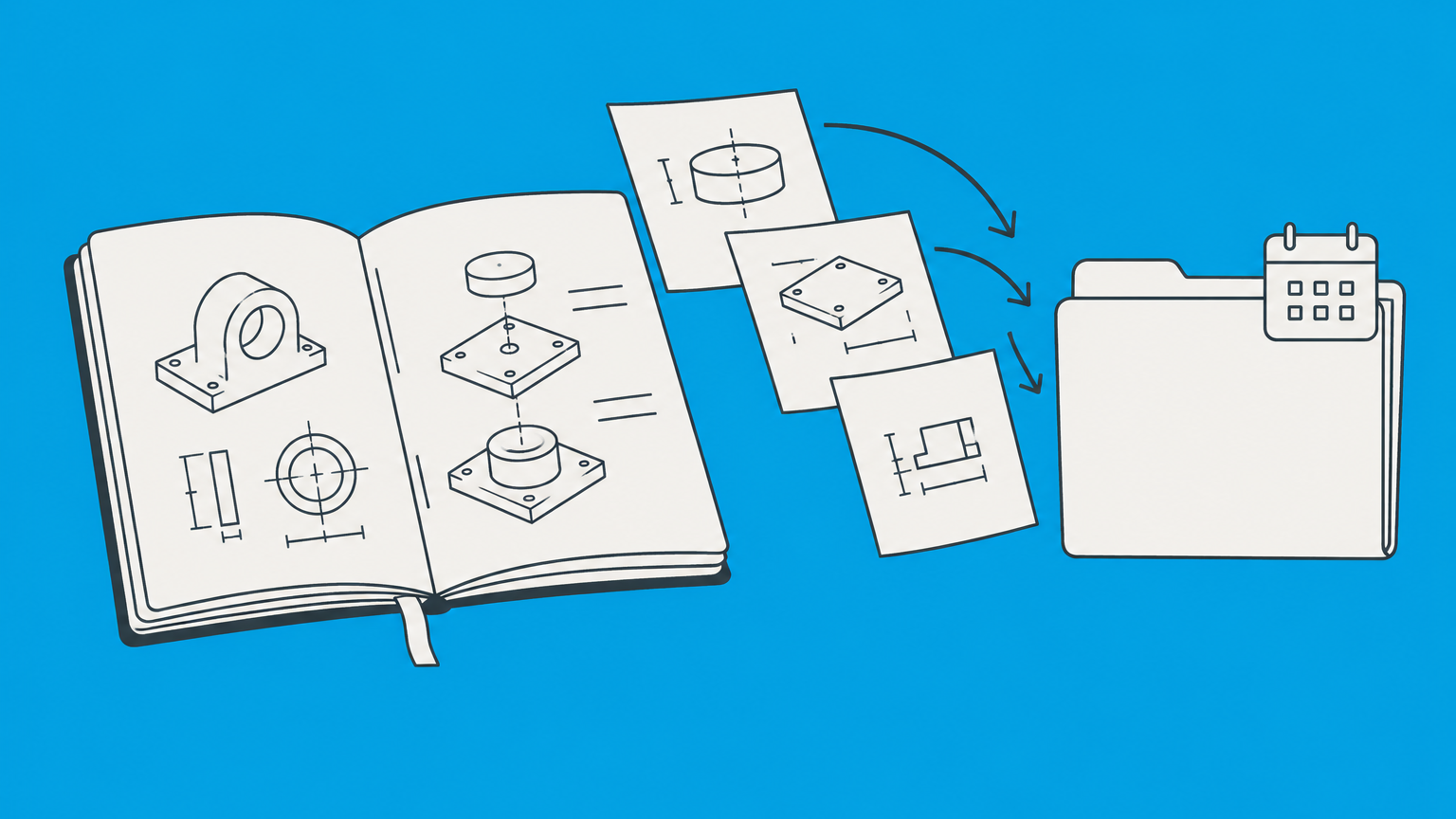 Flat illustration of an invention notebook, component sketches, document folder, and calendar representing a provisional patent application example.