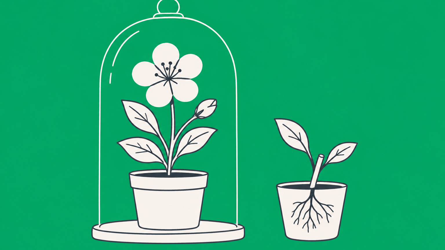 Flat illustration of a distinctive flowering plant protected by a transparent dome beside a rooted cutting, representing plant patent protection.