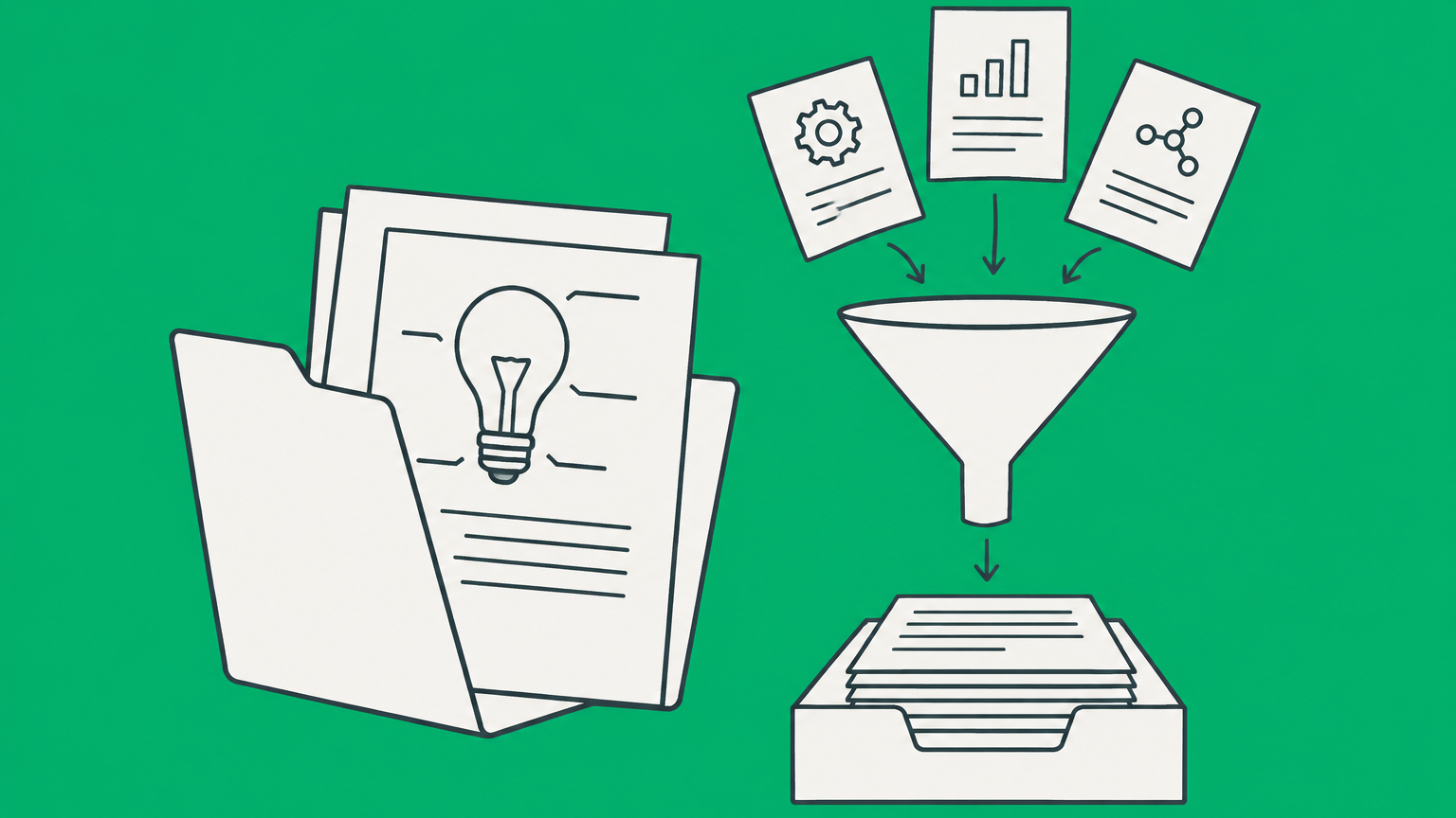 Flat illustration of reference documents passing through a funnel into a patent application folder, representing an information disclosure statement.