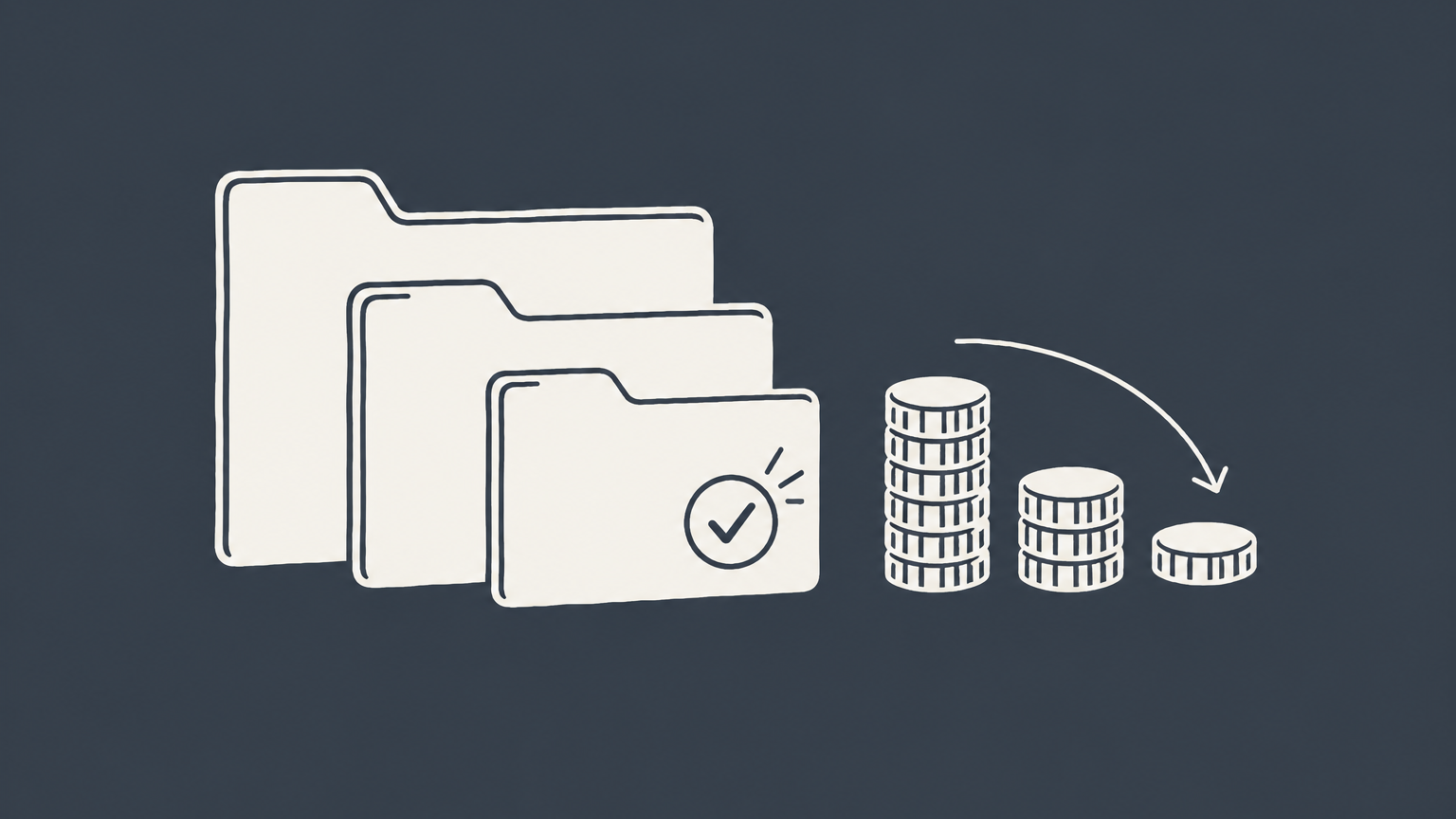 Flat illustration of nested patent-file folders and shrinking coin stacks representing USPTO micro entity status.