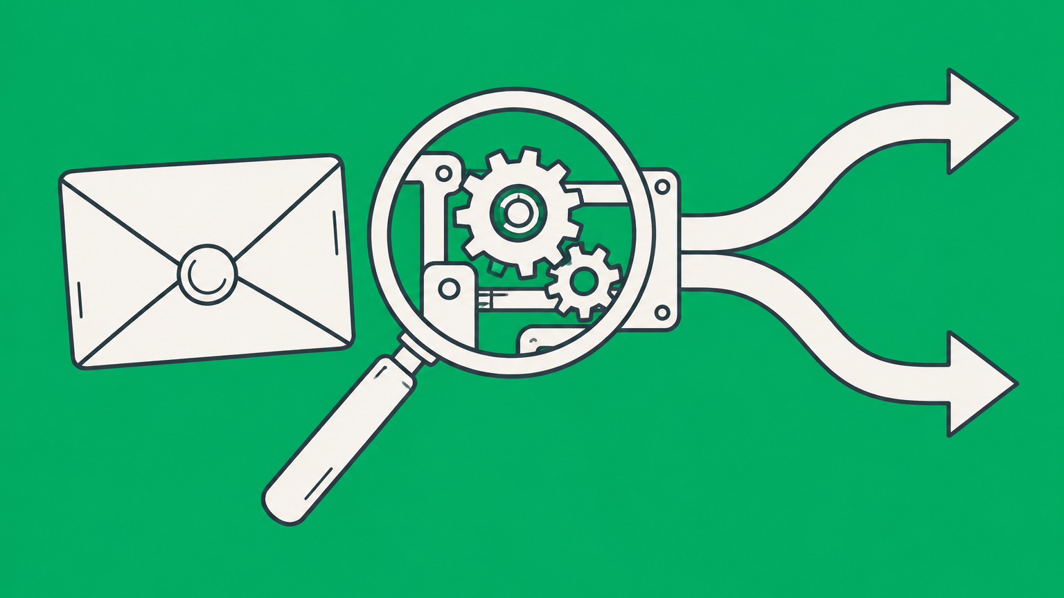 Flat illustration of a sealed envelope, a magnified machine component, and branching response paths representing a patent cease and desist letter.