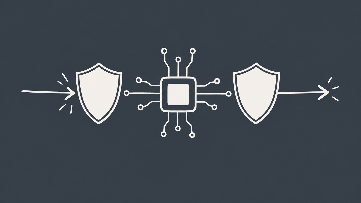 Flat illustration of a microchip schematic protected by defensive and offensive shields representing patent infringement insurance.
