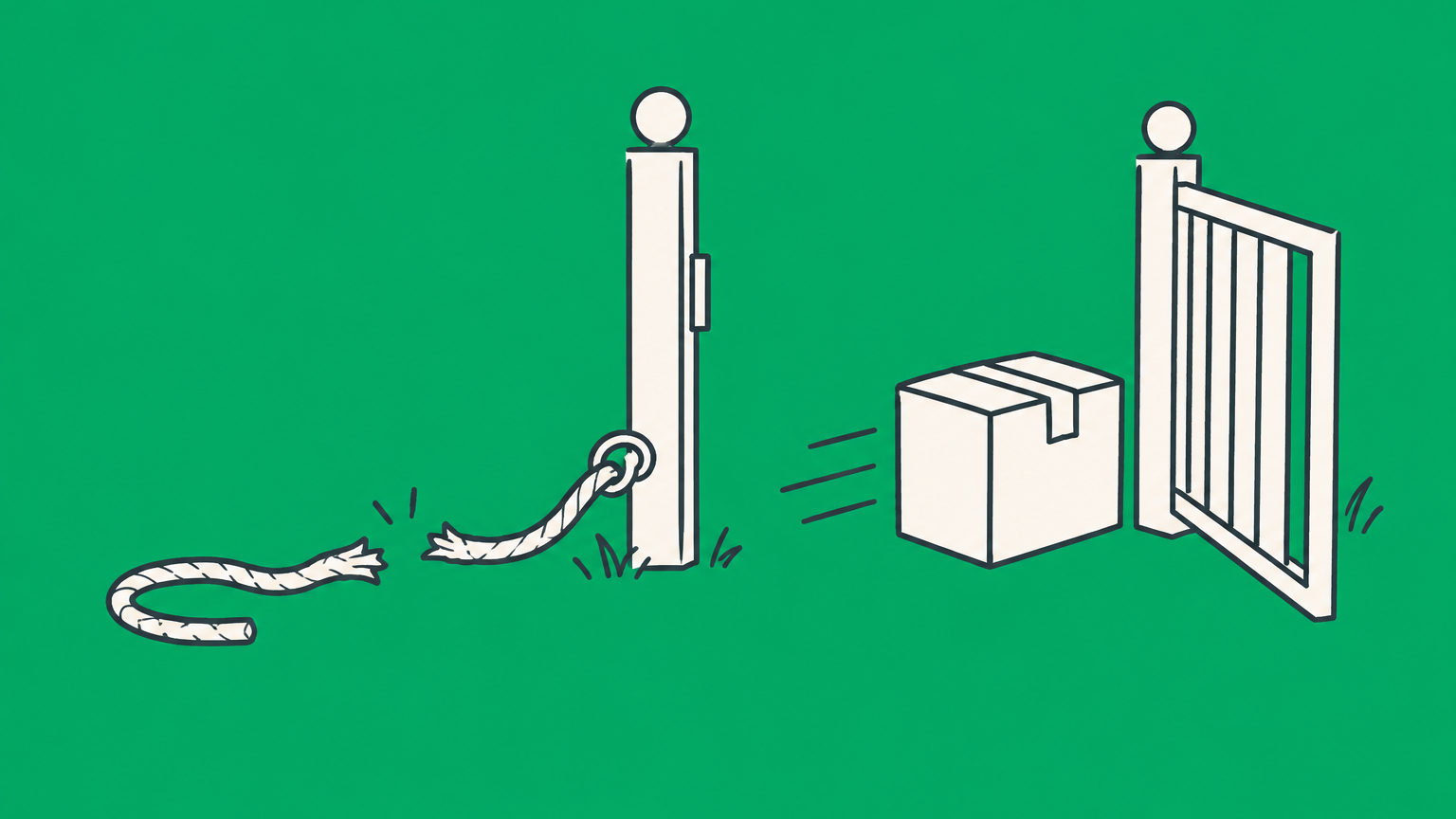 Flat illustration of a boxed product passing through an open gate with a snapped tether to represent patent exhaustion after an authorized sale.