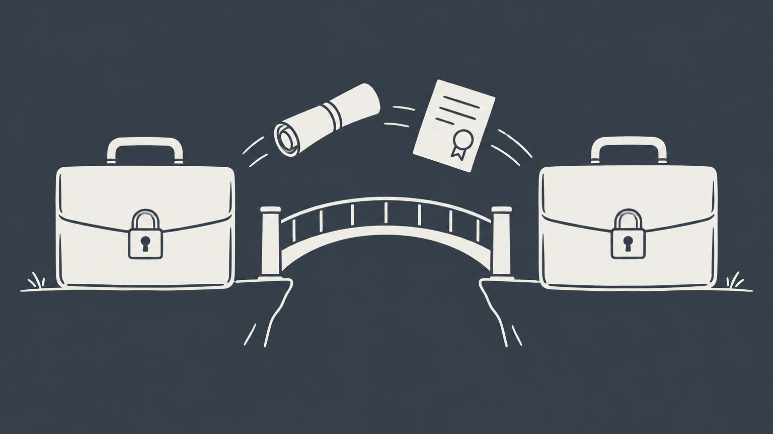 Flat illustration of an invention blueprint and sealed document moving between locked portfolio cases to represent a patent assignment.