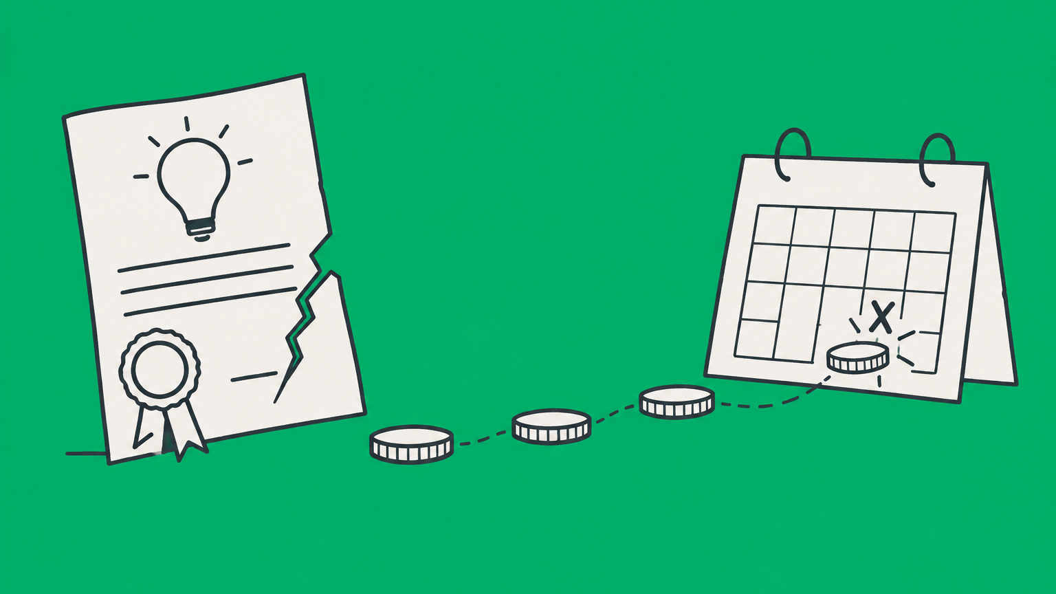 Flat illustration of a patent document, calendar, and coin trail ending at expiration to represent the Kimble v. Marvel patent royalties ruling.