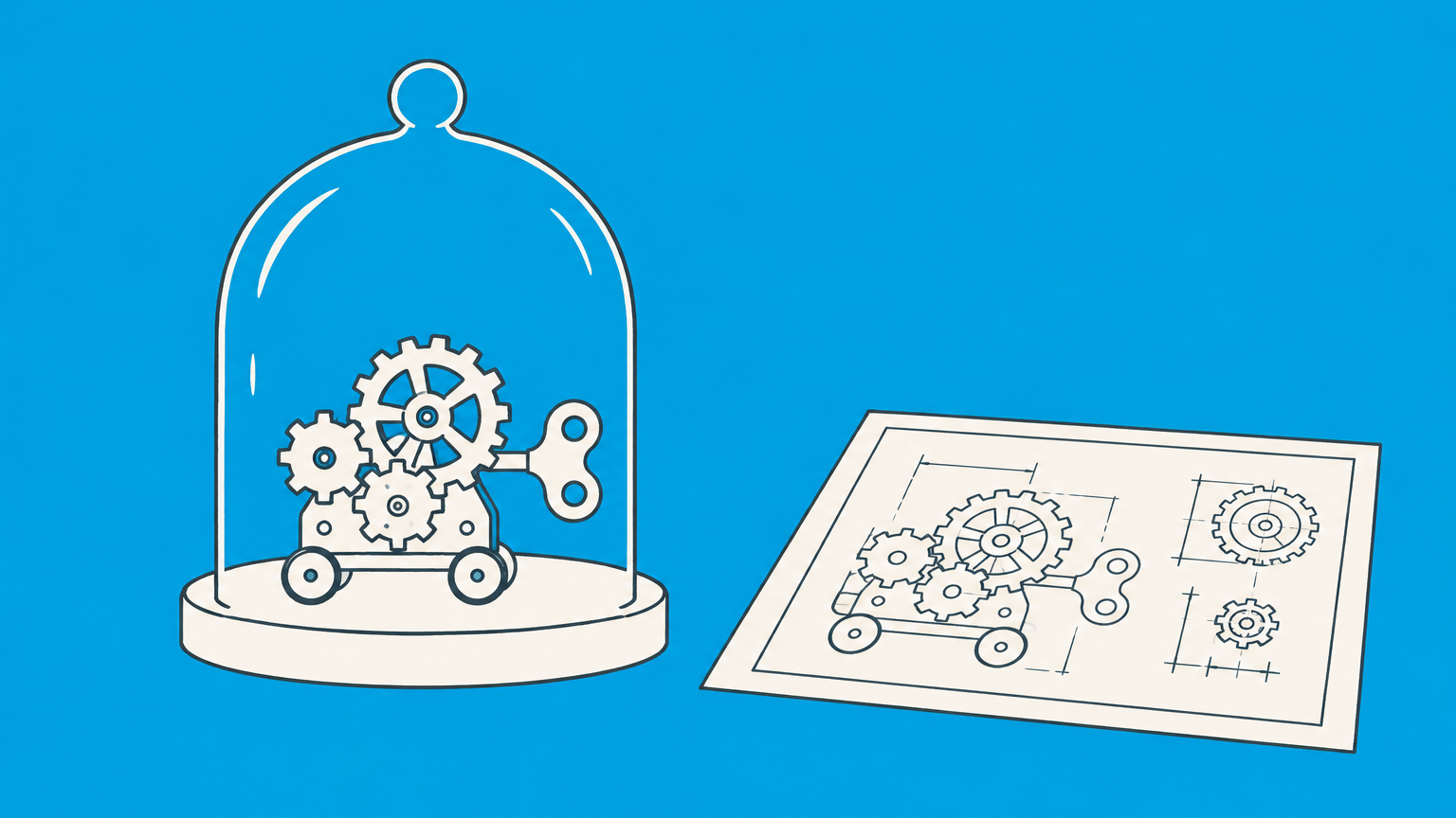 Flat illustration of a geared wind-up toy under a protective dome beside a technical drawing, representing toy patents.