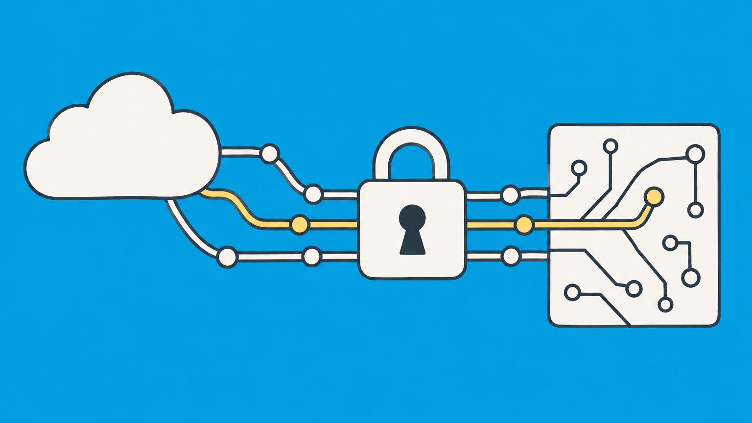 Flat illustration of a network cloud connected to a locked circuit board representing internet patents and cloud technology protection.