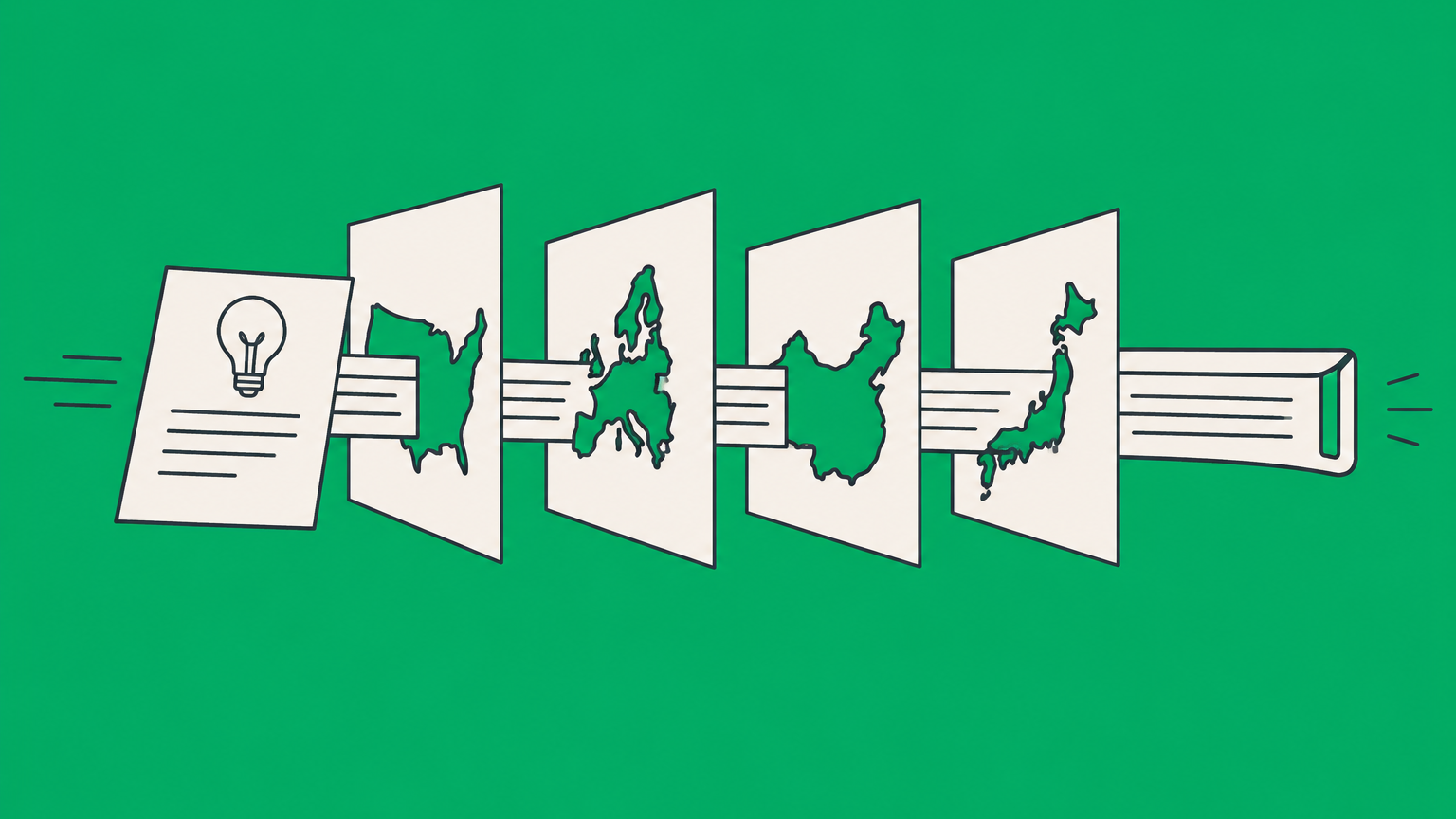 Flat illustration of a patent document moving through aligned national filing slots to represent the Patent Law Treaty.