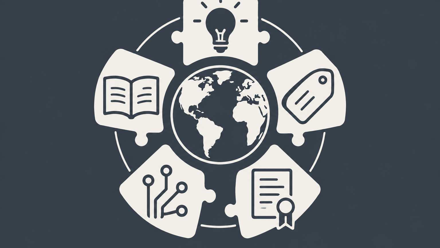 Flat illustration of a globe encircled by interlocking intellectual property symbols representing the TRIPS Agreement.