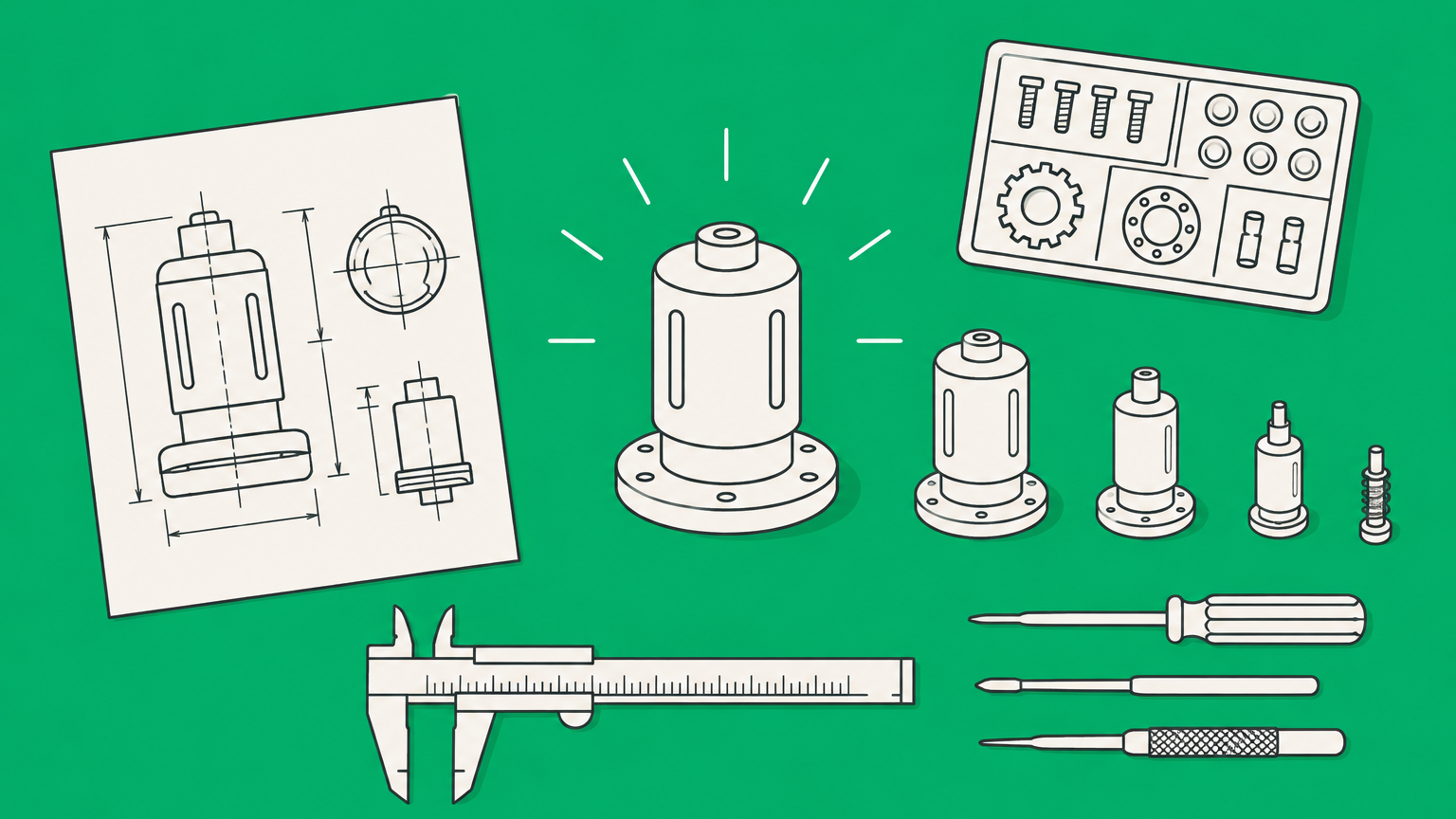 Flat illustration of a technical workbench with specialized tools and an invention drawing representing PHOSITA in patent law.