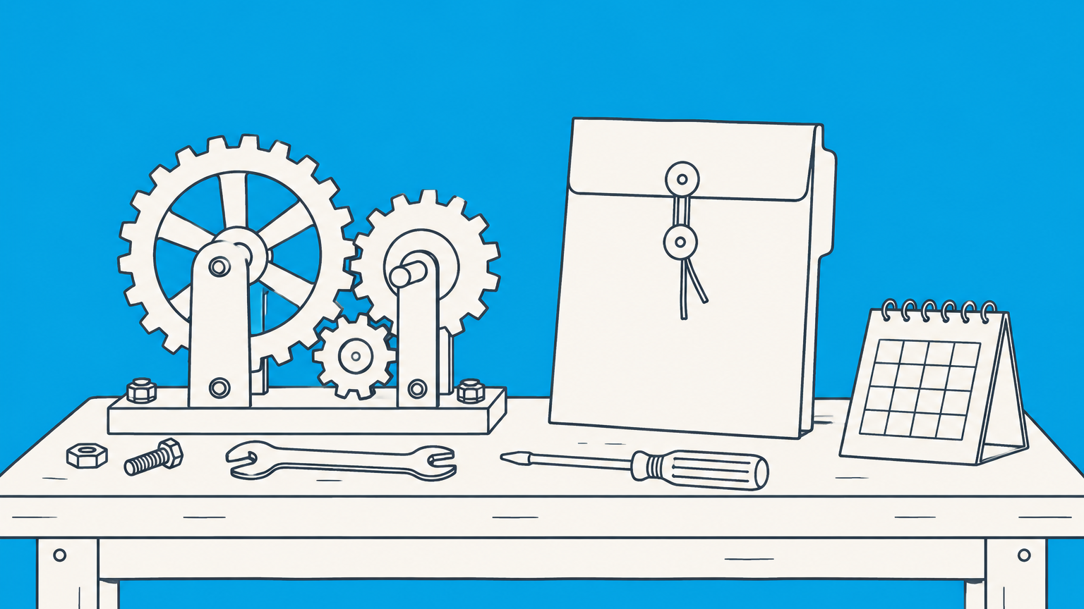 Flat illustration of a working gear assembly beside a patent application folder and calendar representing reduction to practice in patent law.