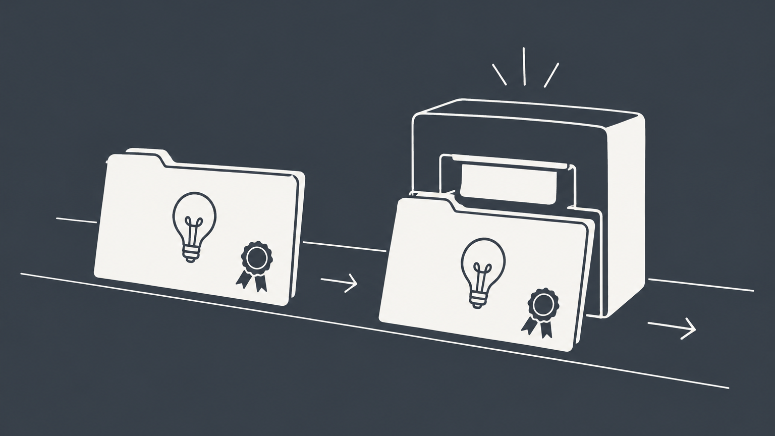 Flat illustration of two invention folders approaching a date-stamp slot to represent America Invents Act filing priority.
