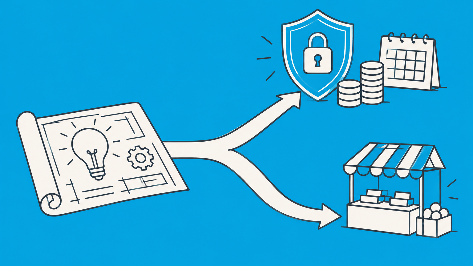Flat illustration of an invention blueprint facing a protected but costly path and an open-market path, representing the advantages and disadvantages of patents.