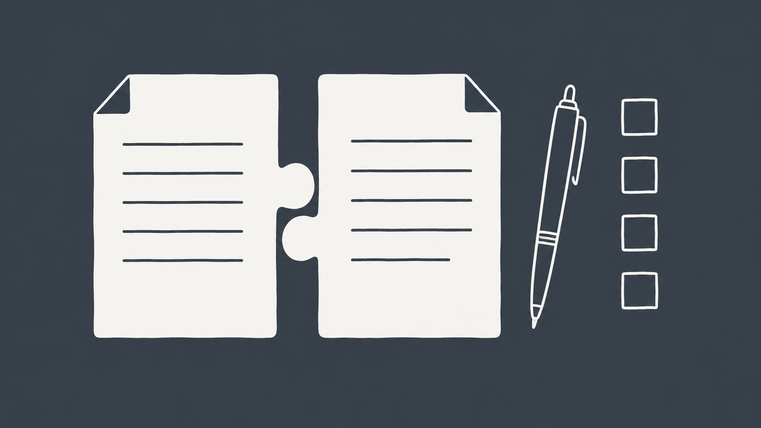 Flat illustration of two interlocking contract pages, a pen, and checkboxes representing terms and conditions.