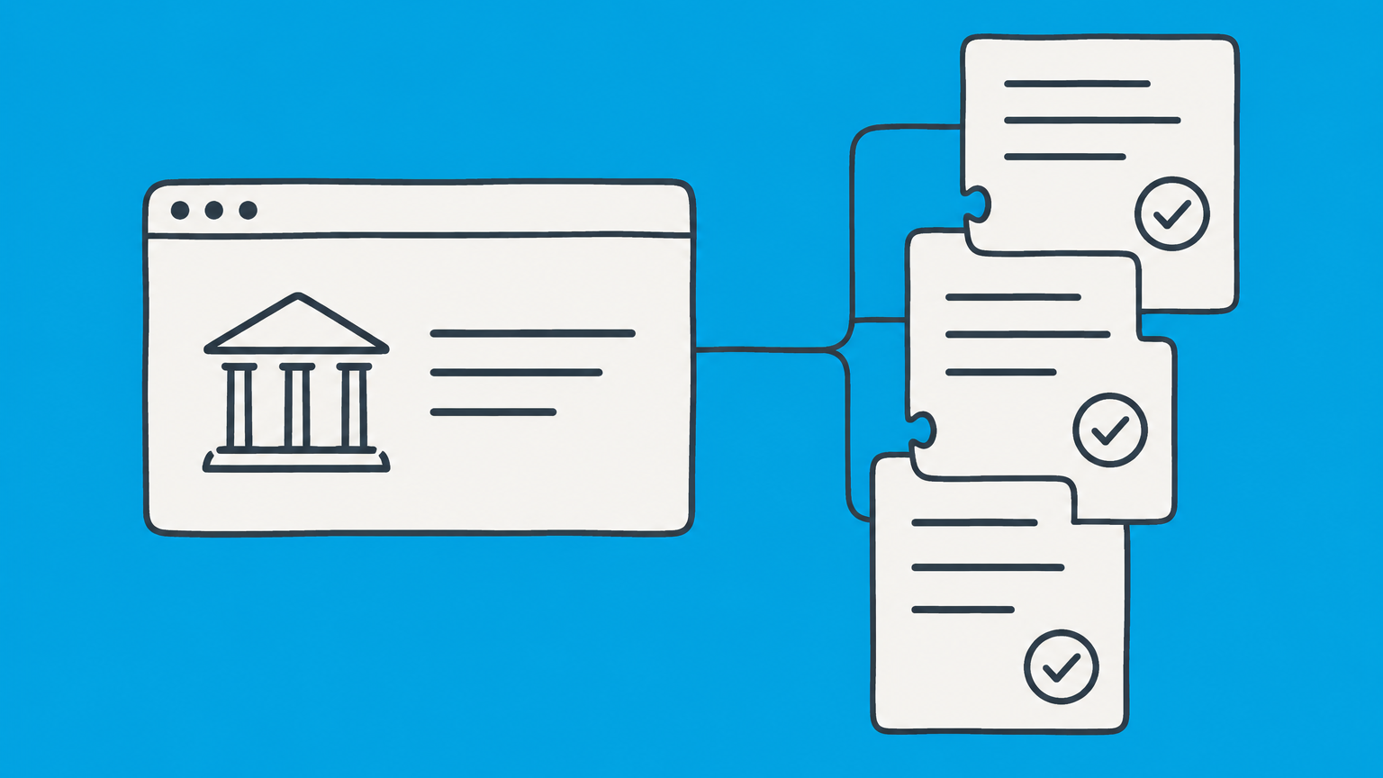 Flat illustration of a browser window connected to interlocking contract cards representing a terms of service agreement.