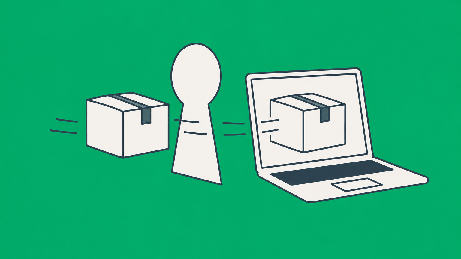 Flat illustration of a software package passing through a keyhole-shaped gateway into a laptop, representing an end-user license agreement.