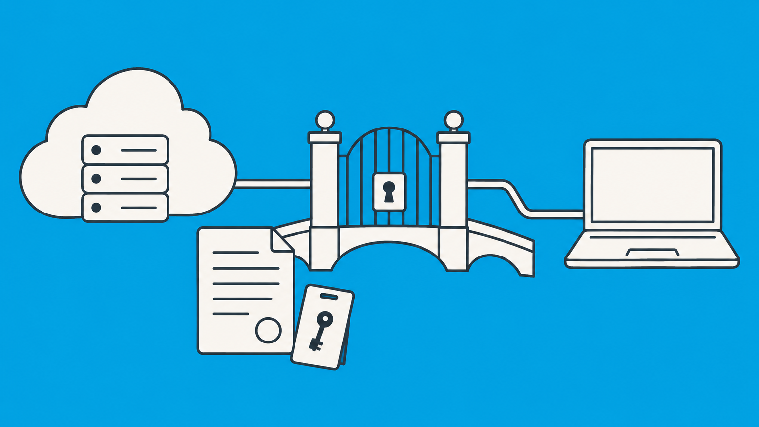 Flat illustration of a cloud server connected to a laptop through an access gate with a contract and keycard, representing a SaaS agreement.