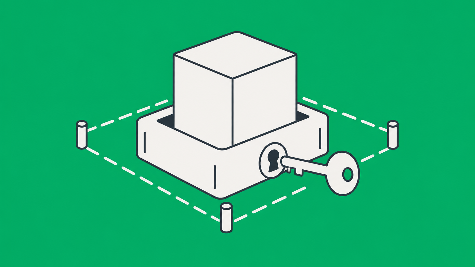 Flat illustration of a software cube in a key-controlled docking slot representing a software license agreement.