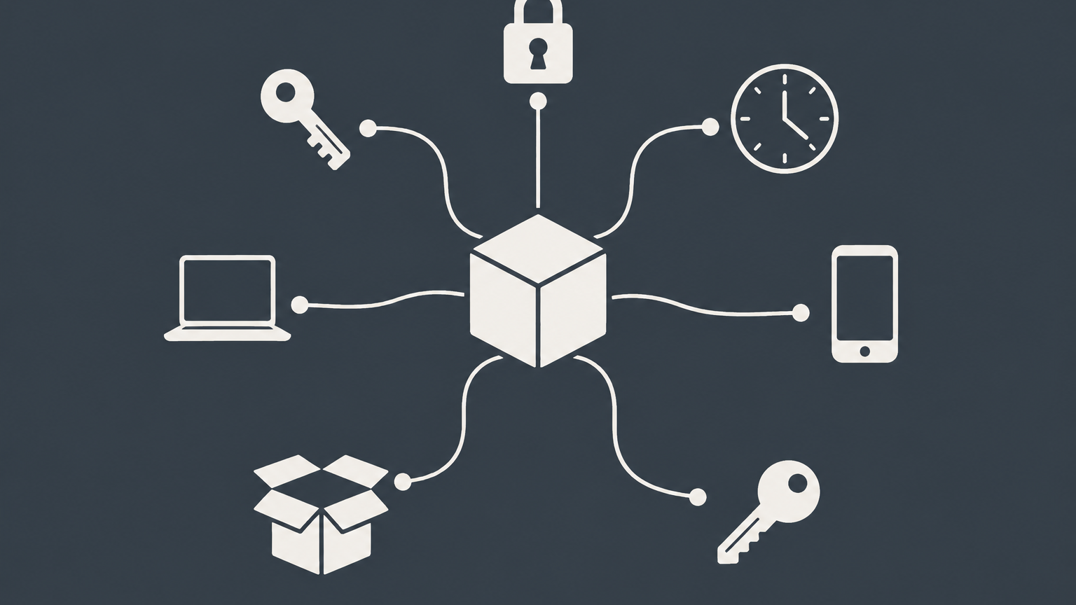 Flat illustration of a software cube connected to different keys, locks, devices, and access symbols representing types of software licenses.
