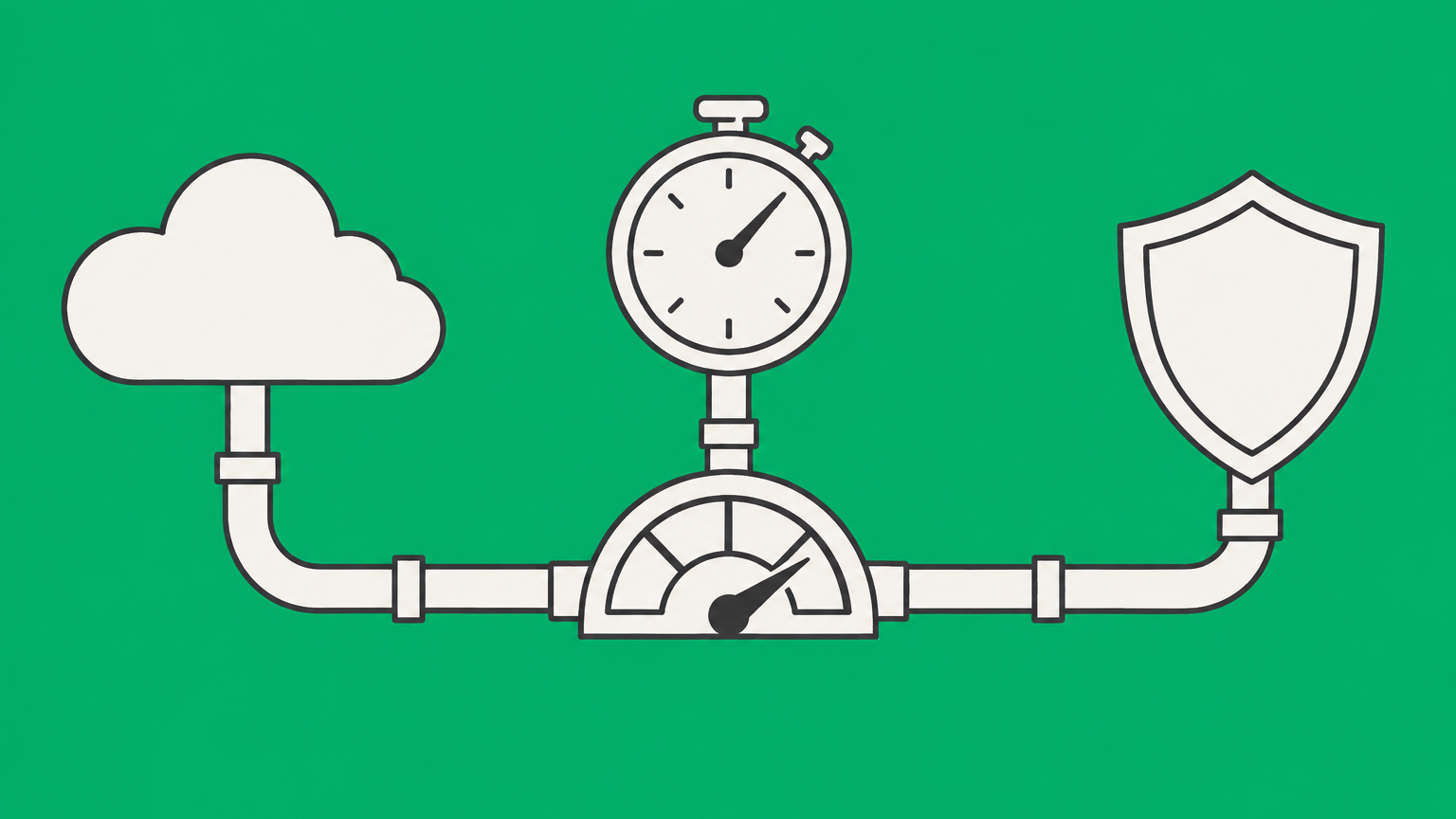 Flat illustration of a cloud service pipeline connected to a stopwatch, performance gauge, and shield representing a service level agreement.