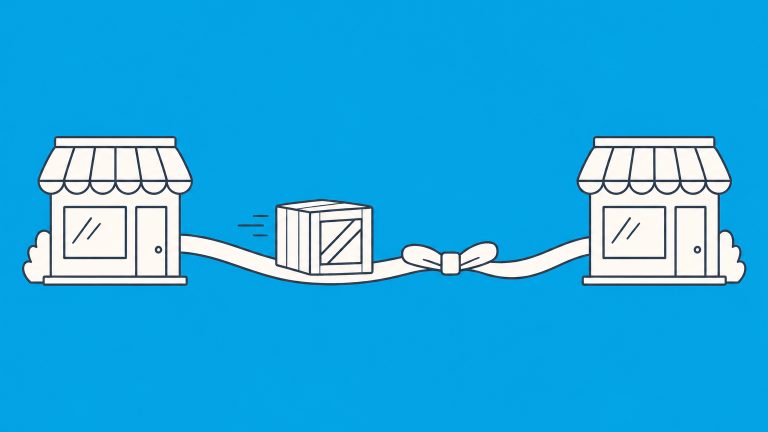 Flat illustration of a product crate moving between two connected storefronts to represent a reseller agreement.