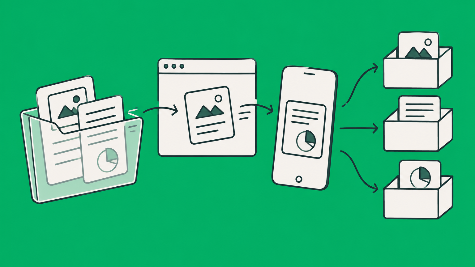 Flat illustration of data cards moving from a website and mobile app into organized compartments, representing privacy policy requirements.