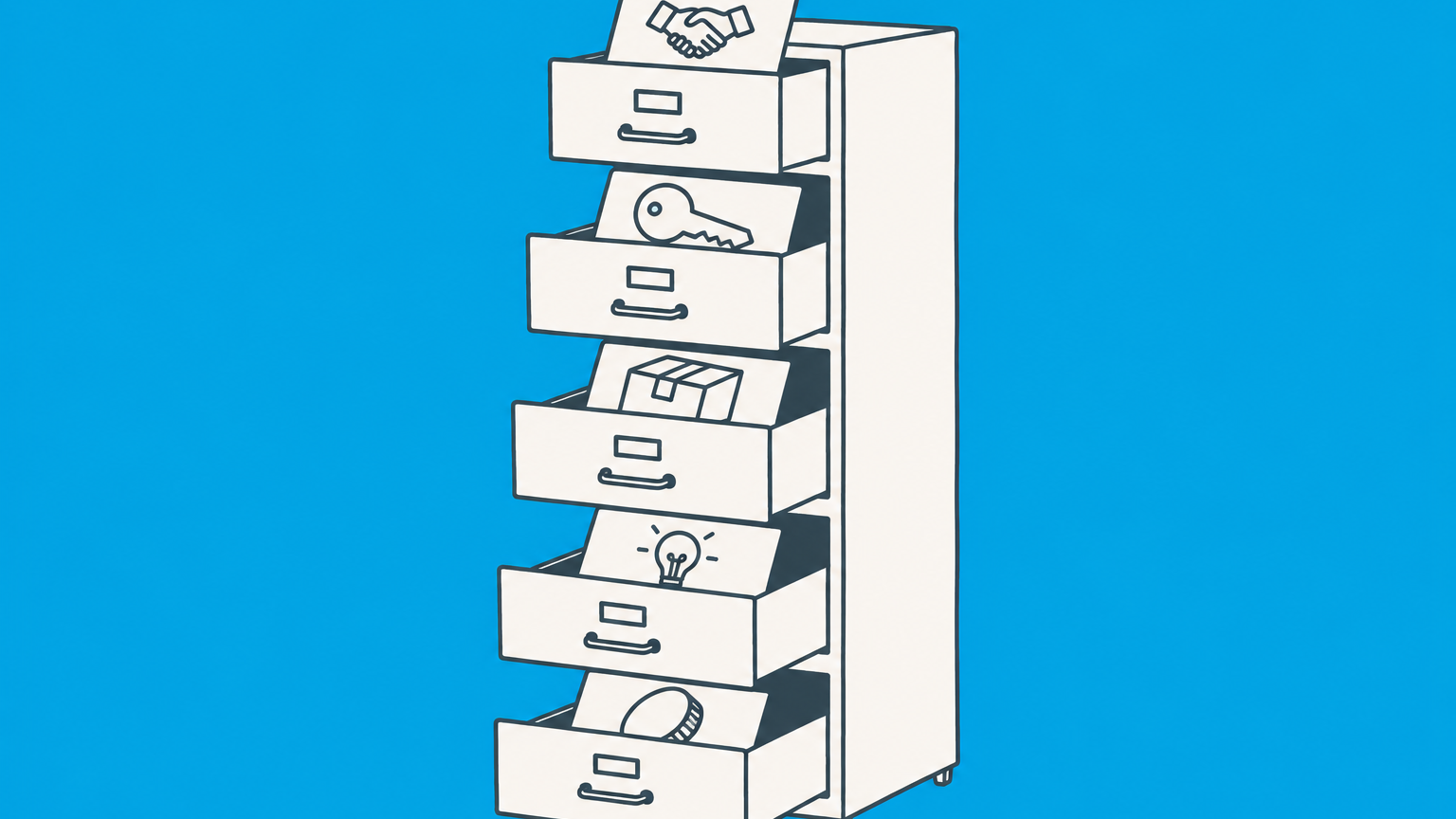 Flat illustration of an organized filing cabinet with transaction symbols representing types of business contracts.