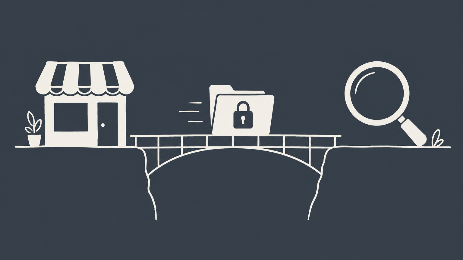 Flat illustration of a locked document folder passing between a storefront and a magnifying glass to represent a business sale NDA.