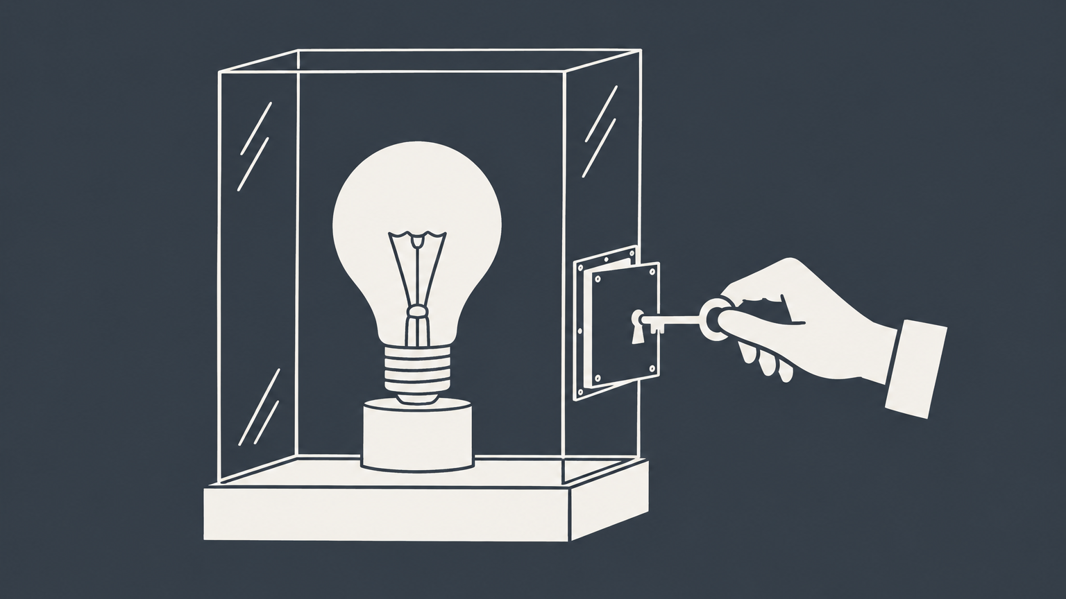 Flat illustration of a key opening limited access to a locked lightbulb display case to represent a licensing agreement.