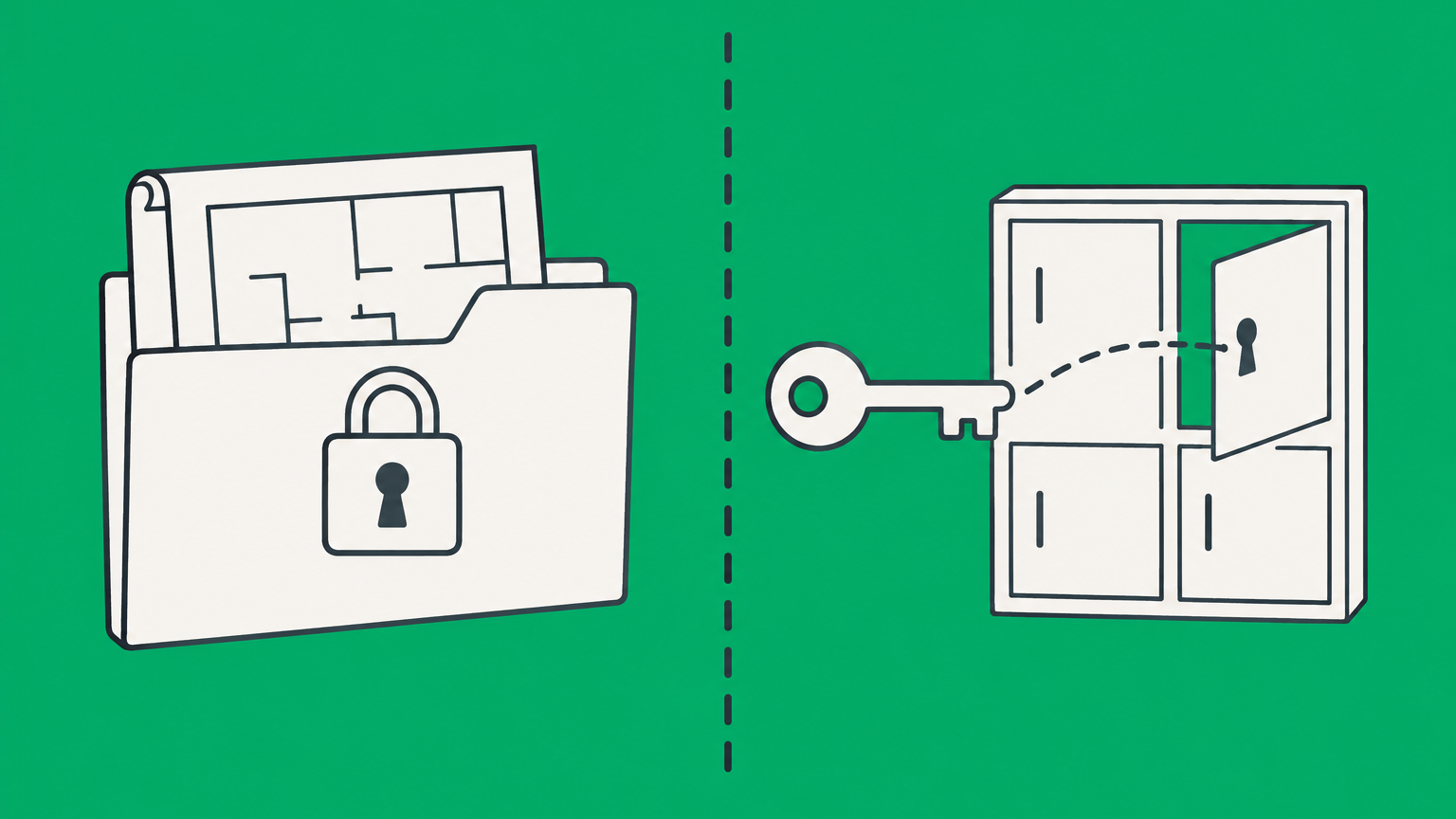 Flat illustration of a locked blueprint folder and a limited-access key representing intellectual property licensing.