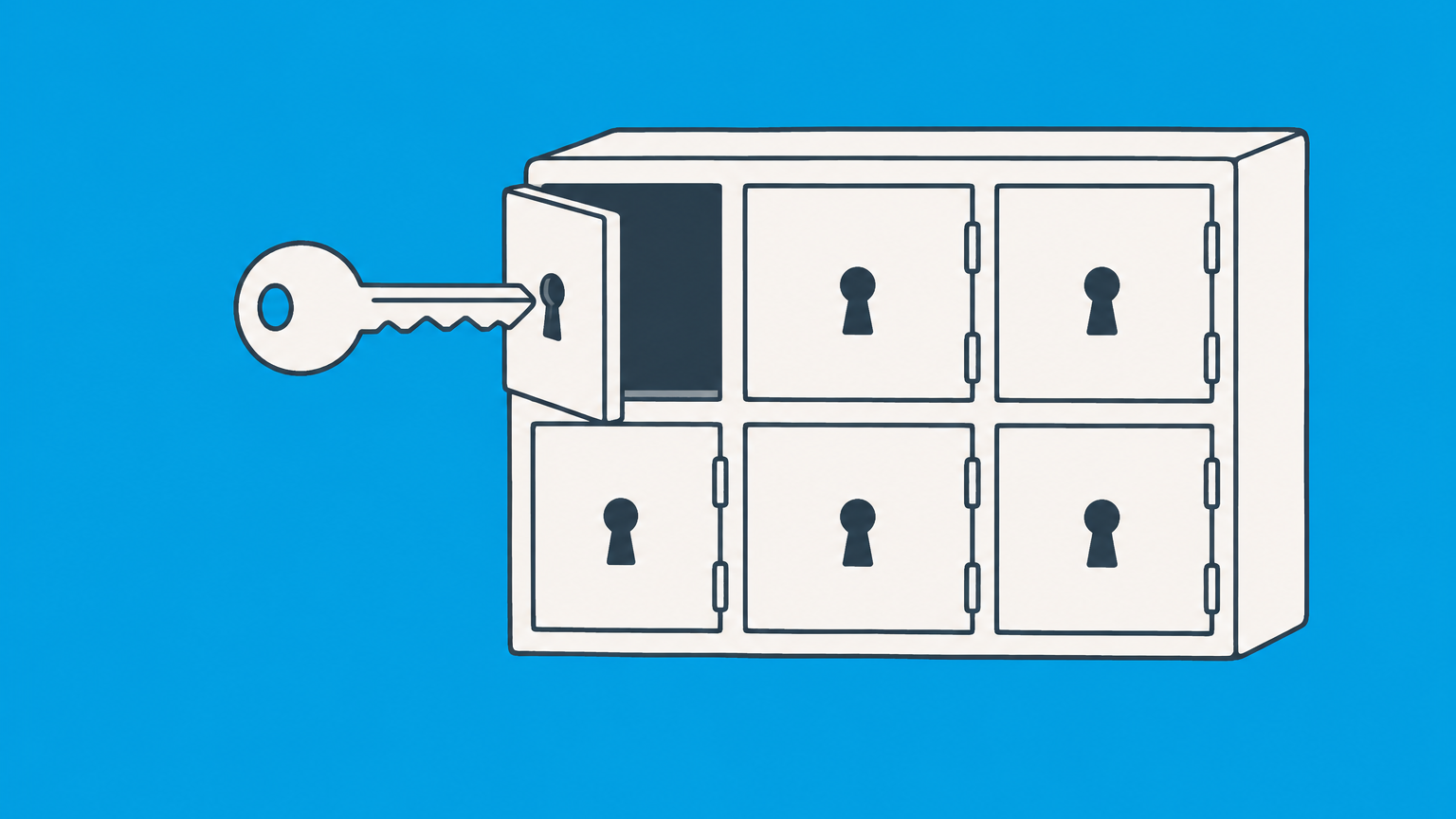 Flat illustration of a single key opening one compartment of a segmented lockbox to represent the defined scope of an exclusive license agreement.