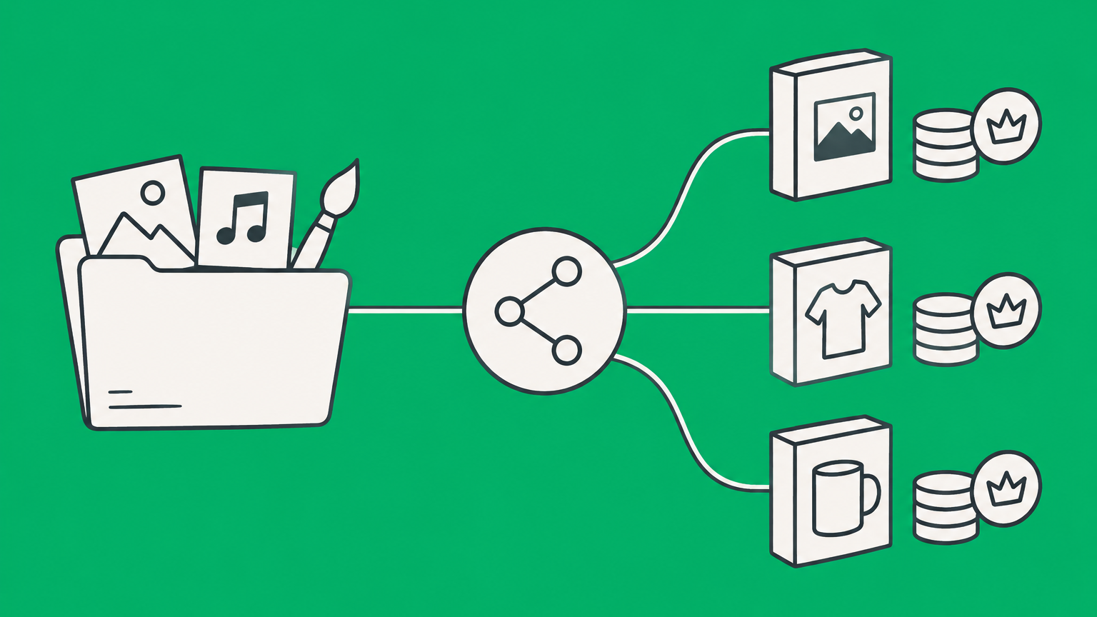 Flat illustration of a central connector linking creative property to licensed products and royalty payments to represent a licensing agent.