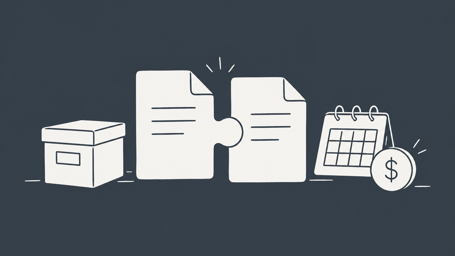 Flat illustration of interlocking document pieces with a project box, calendar, and payment token representing a contractor agreement.