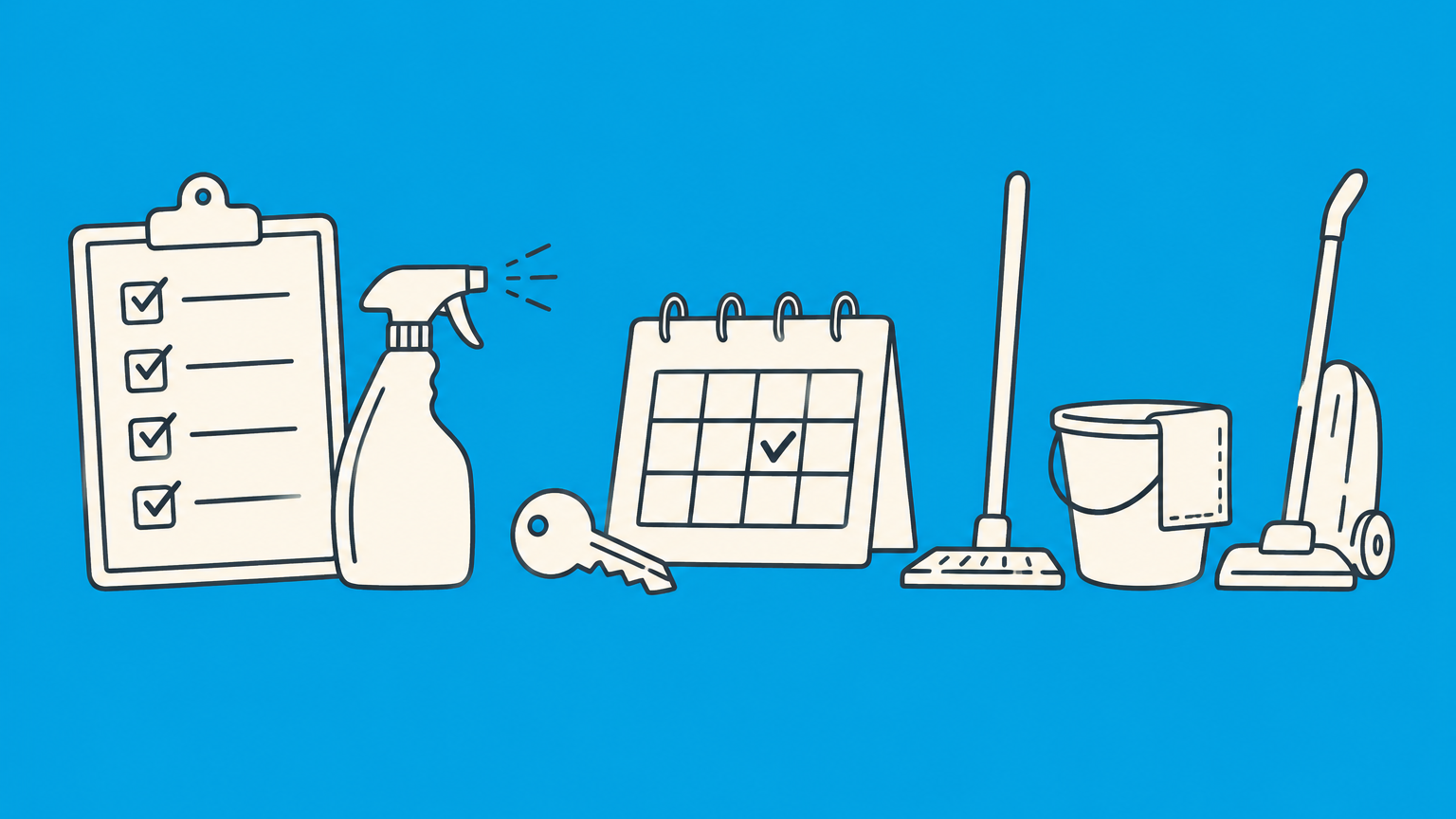 Flat illustration of a clipboard, cleaning tools, a key, and a calendar representing a cleaning service contract.