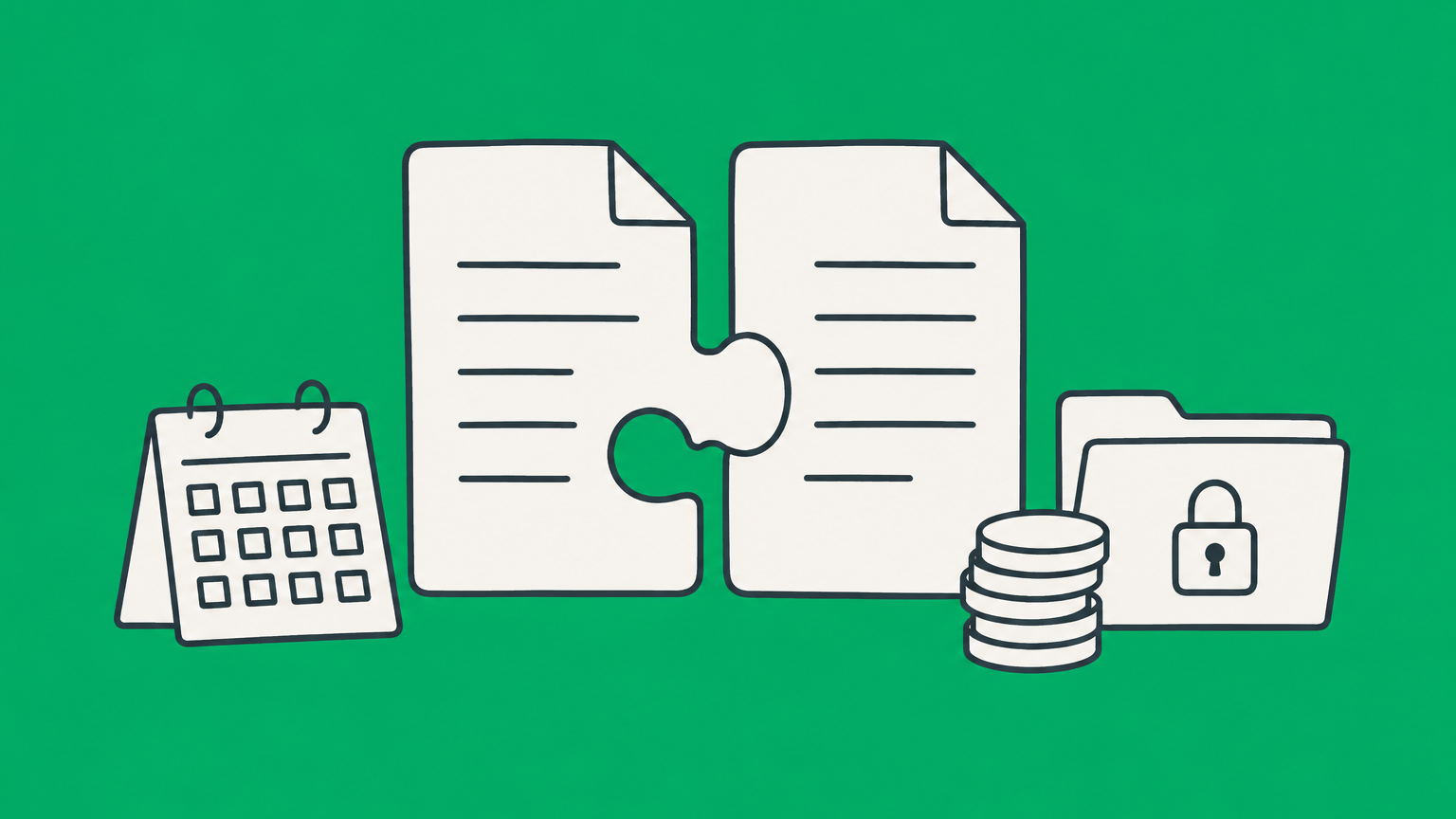 Flat illustration of interlocking document pieces, a calendar, payment coins, and a locked folder representing a consulting contract.