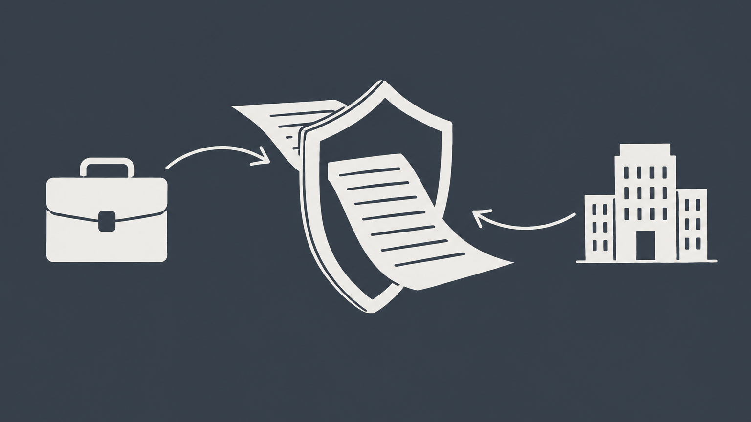 Flat illustration of a contract passing through a shield between a consultant briefcase and client office, representing a consulting agreement indemnification clause.