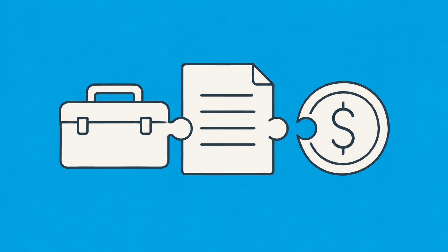 Flat illustration of a contract sheet linking a toolbox and payment token to represent a service contract.