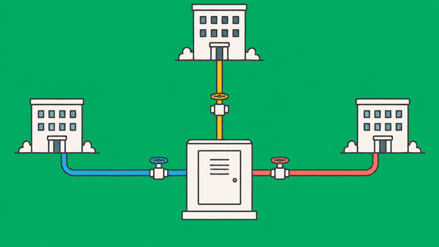 Flat illustration of a central utility box distributing controlled connections to several office buildings to represent a shared services agreement.