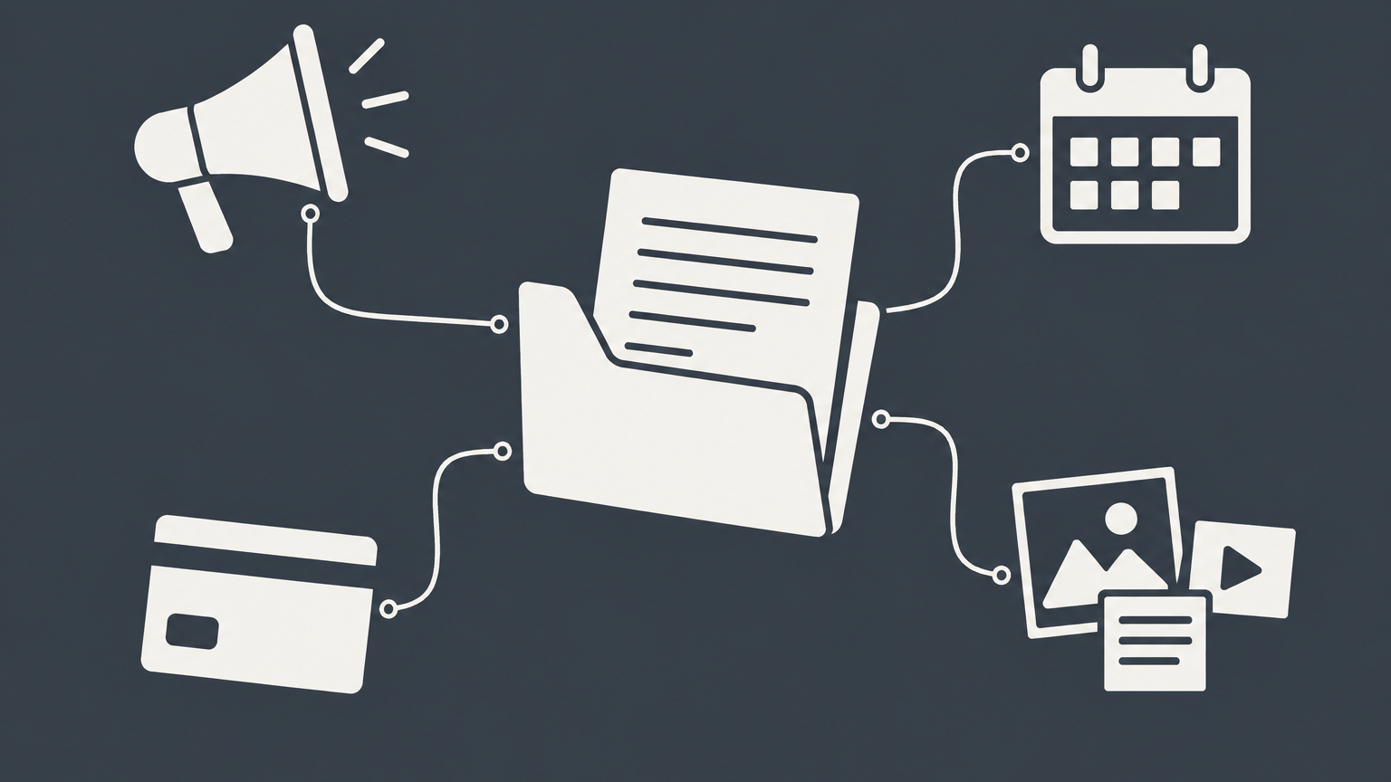 Flat illustration of an open contract folder connected to marketing deliverables, scheduling, and payment objects for a marketing services agreement.
