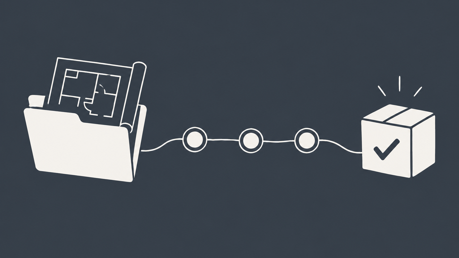 Flat illustration of a project folder with a blueprint, milestones, and a completed delivery box representing a statement of work.