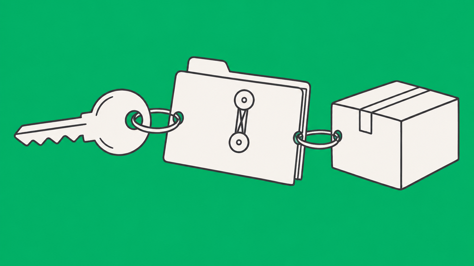 Flat illustration of a house key and sealed shipping box connected by a document folder representing a purchase agreement.