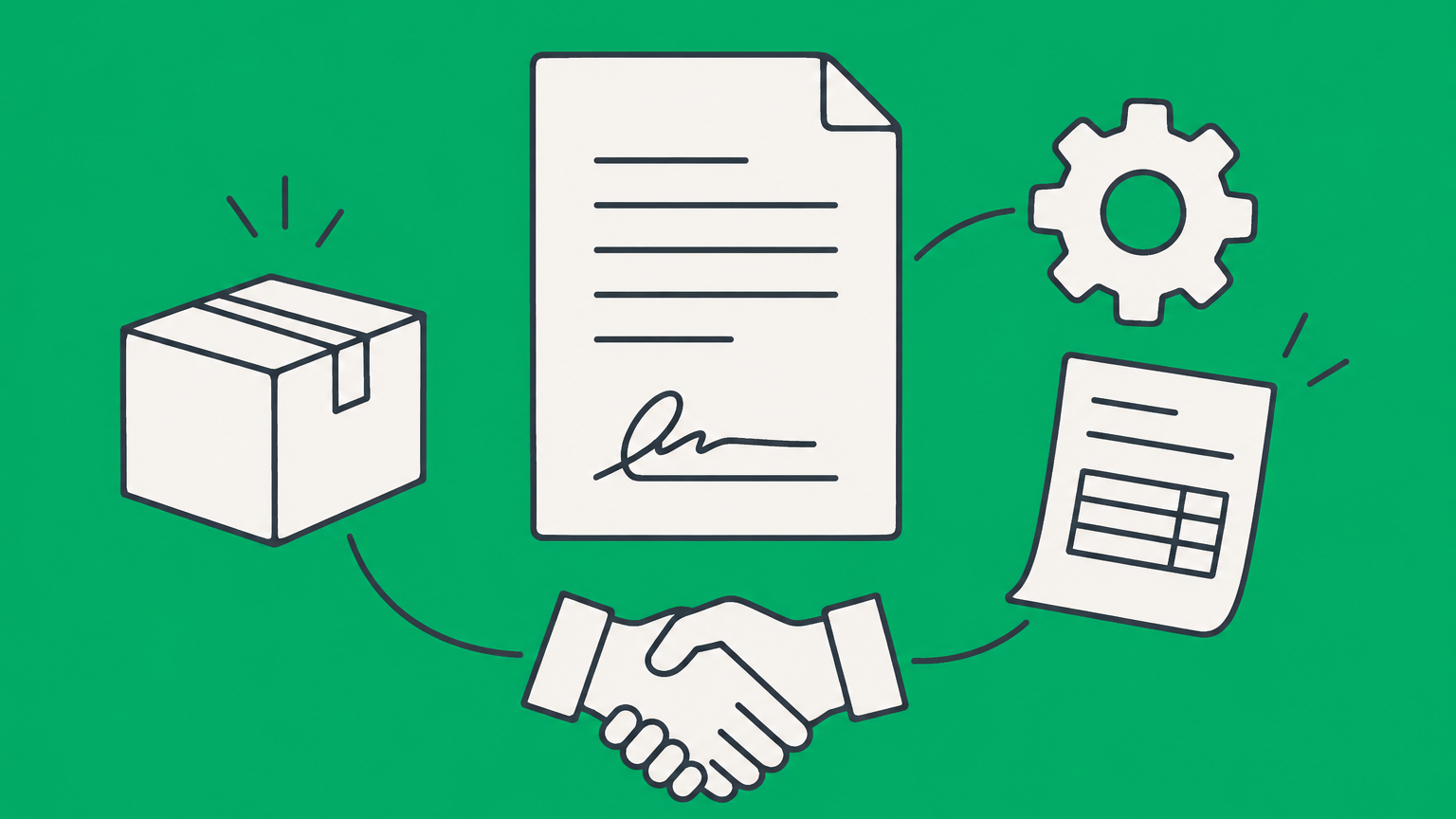 Flat illustration of a package, service gear, invoice, and signed document connected to represent a vendor agreement.