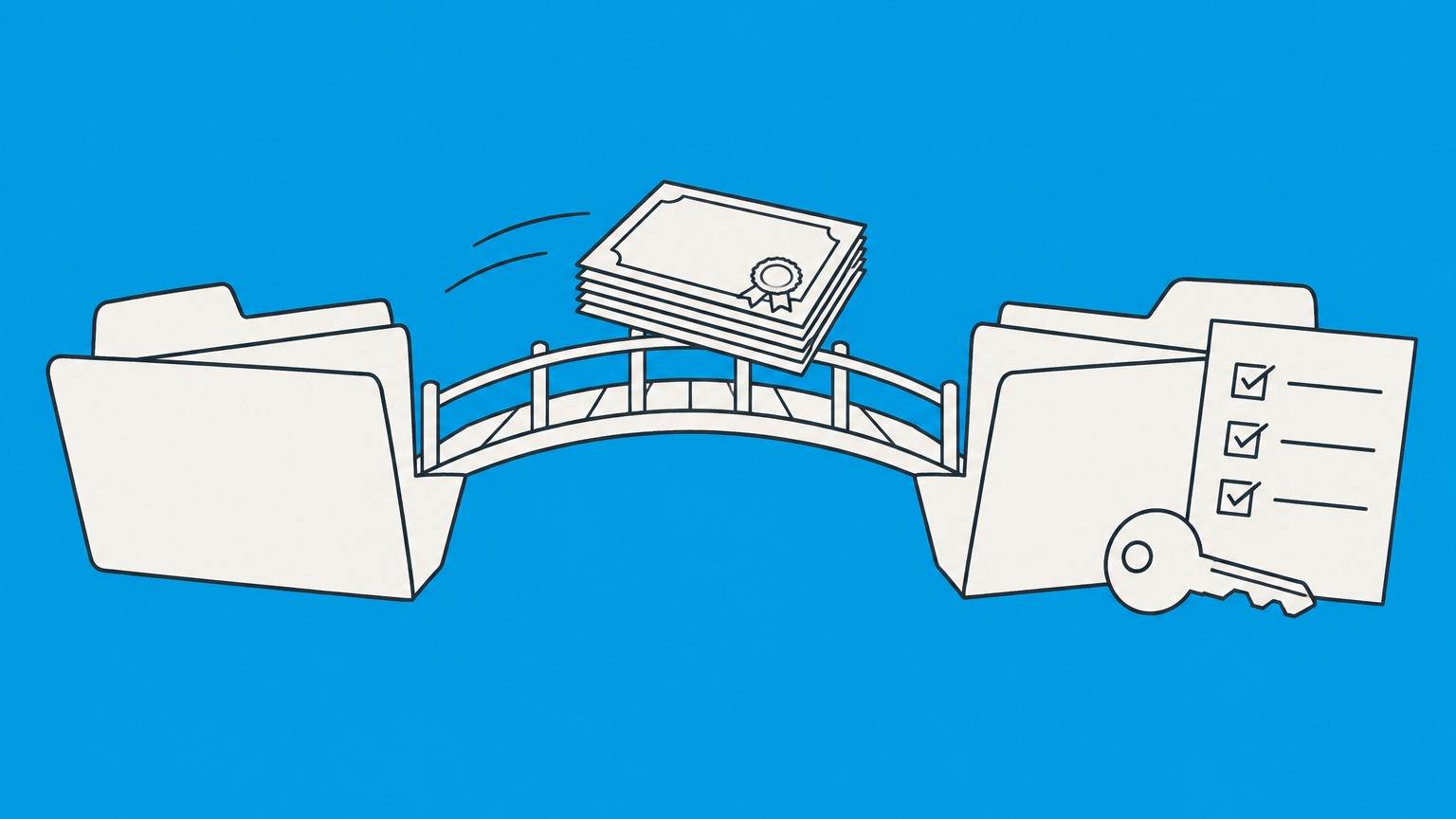 Flat illustration of share certificates moving between contract folders to represent a share purchase agreement.