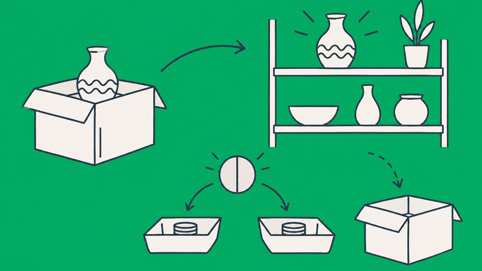 Flat illustration of a vase moving between an owner, a retail shelf, split proceeds, and a return box to represent a consignment agreement.