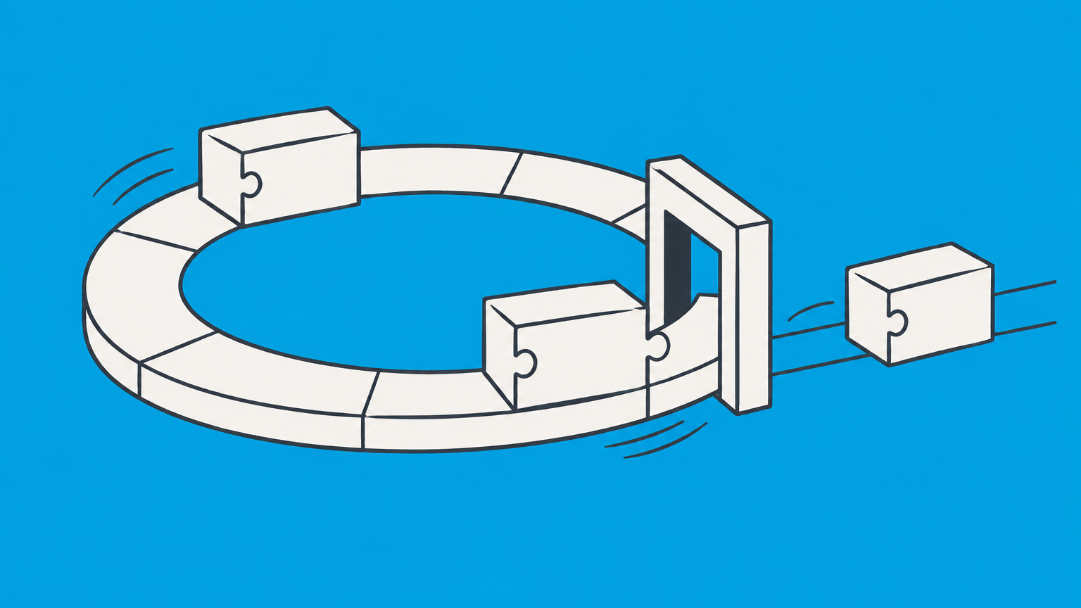 Flat illustration of interlocking ownership blocks passing through a controlled transfer gate to represent an LLC buy-sell agreement.
