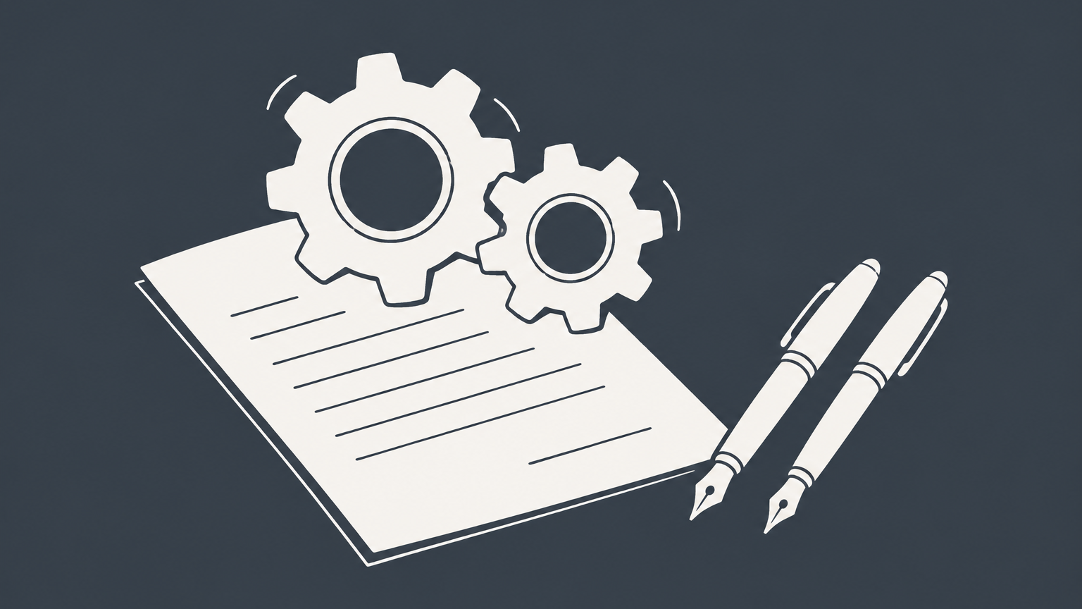 Flat illustration of two interlocking gears, a document, and two aligned pens representing how to write a partnership agreement.